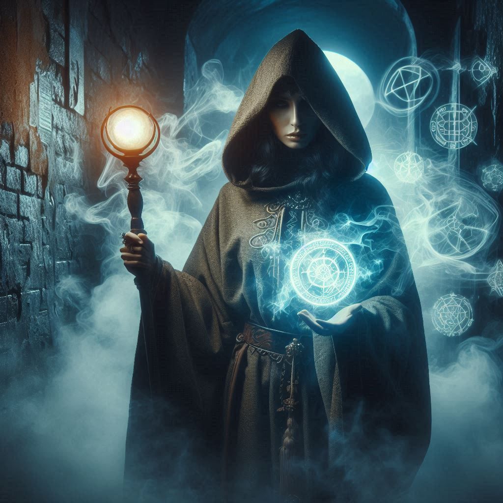 A mysterious figure in a robe with a staff in his hands stands in a dark alley. Various magical symbols can be seen in the air