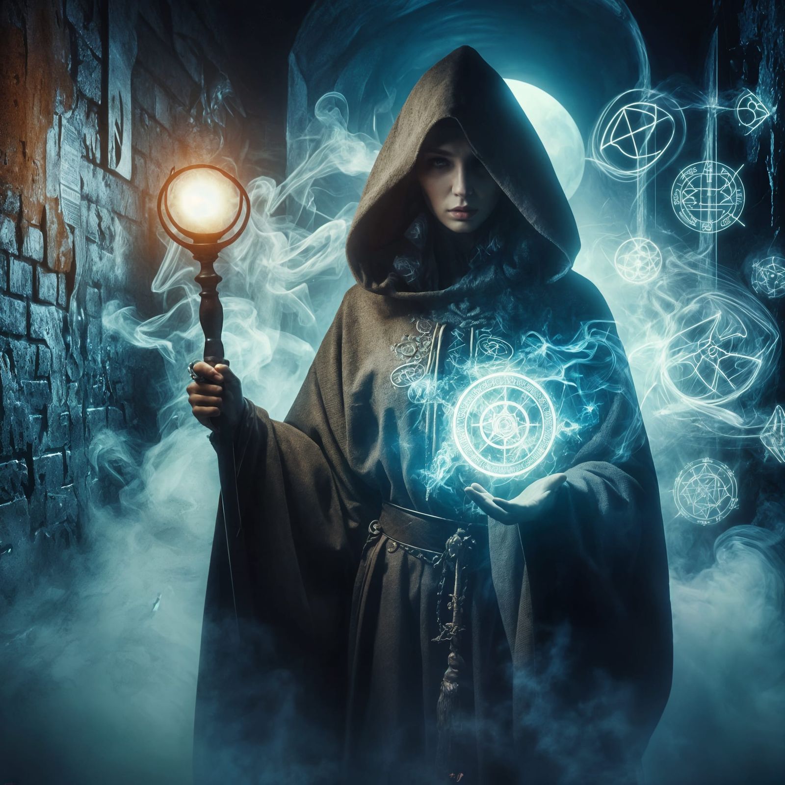 A mysterious figure in a robe with a staff in his hands stan...