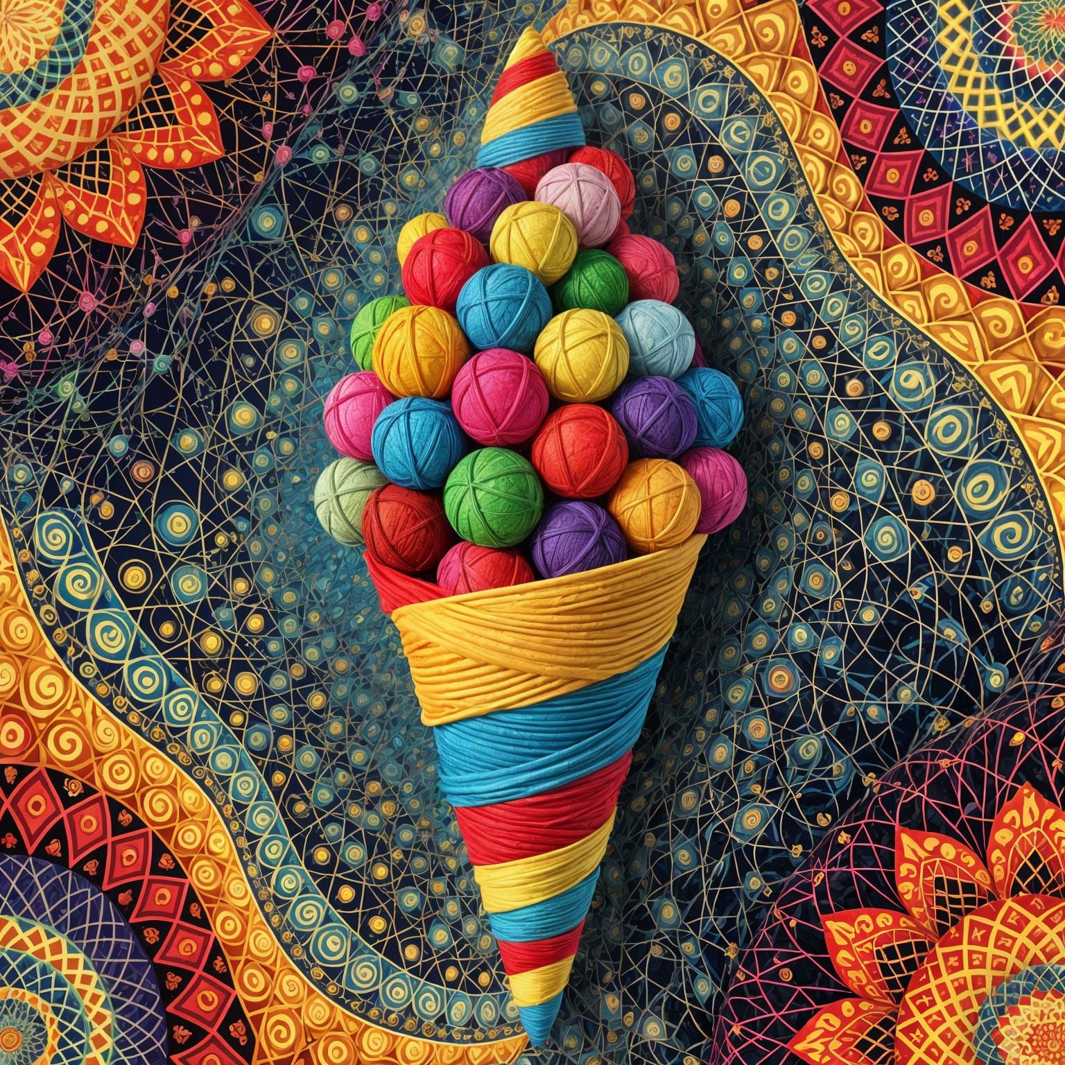 an ice cream cone where the cup is made of fabric, and the ice cream balls are balls of multi-colored ...  by @Likra