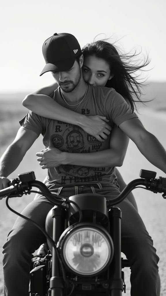 A hyper-realistic black & white image capturing an intimately raw moment of a couple on a motorcycle in the desert. The man rides shirtless,...