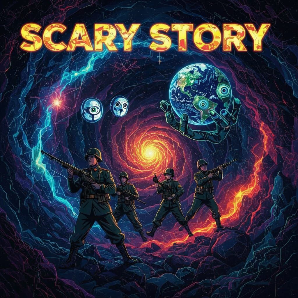 Create me an album cover for a psychedelic trance album, the name of the album, is scary story by zadat, which is the name of the artist, an...