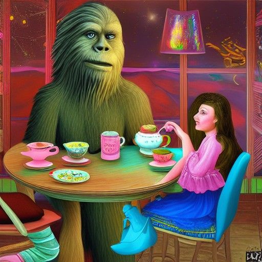 Wise One and girl having tea party in café