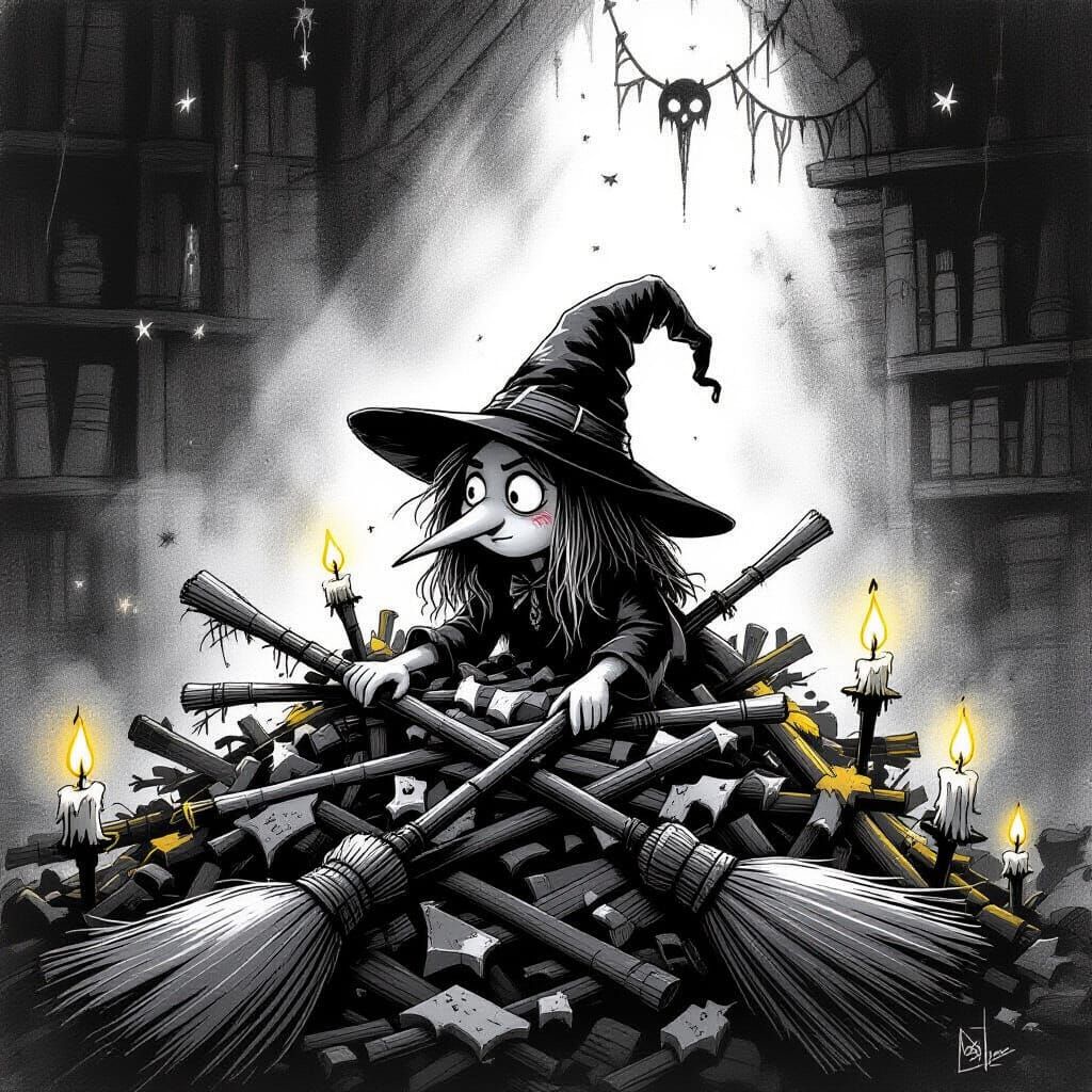 The broom collector
A tiny witch hoarder lost in a pile of broken broomsticks, each with a story — some alive, some twitching. Her long nose...
