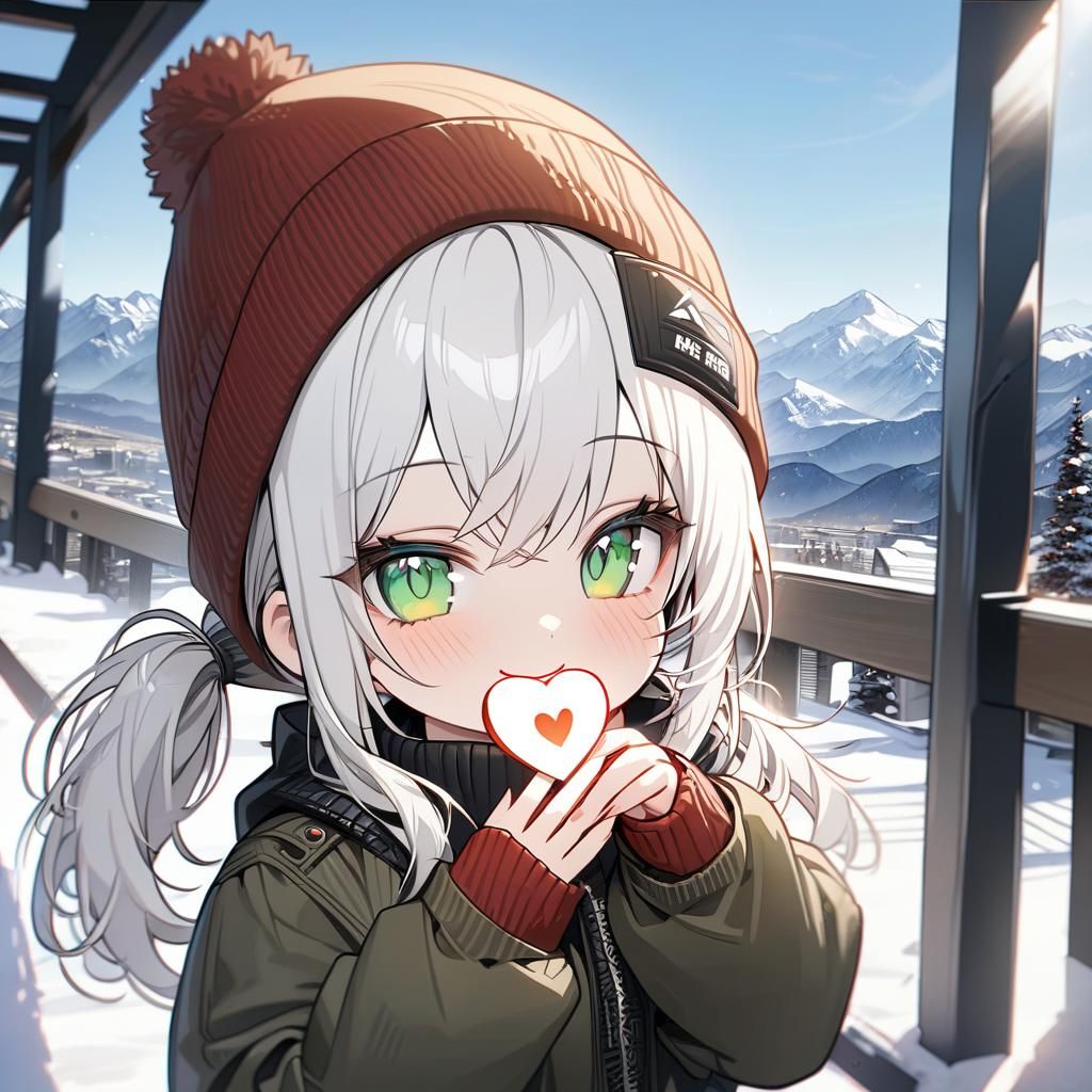 Anime Girl with White Hair Making a Heart
