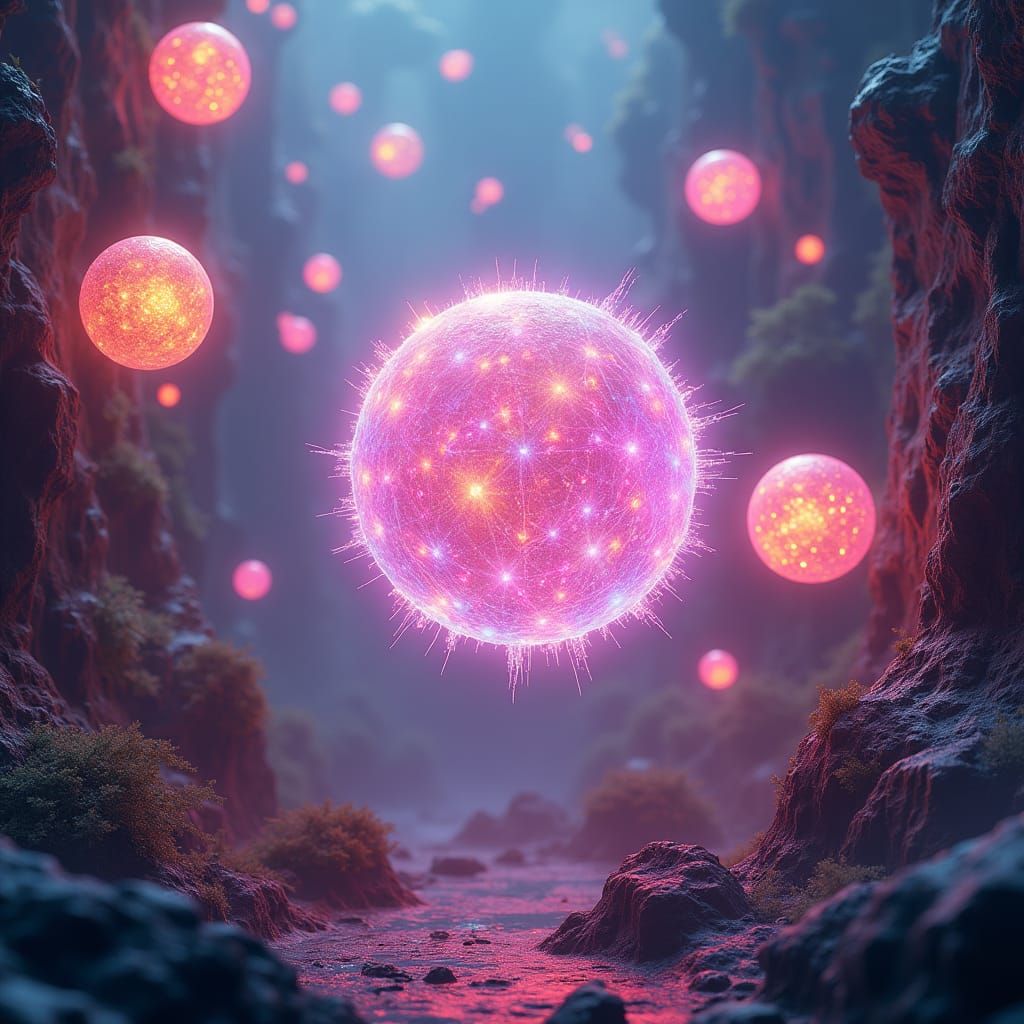 Iridescent Energy Orbs in Dreamlike Landscape