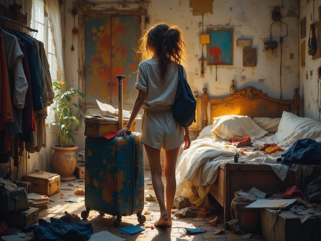 faire ses bagages, packing up <lora:Flux Hyperreal:1.0> <lora:Earth and rose:1.0> <lora:Surreal in time:1.0> ...  by @Kaydenpat