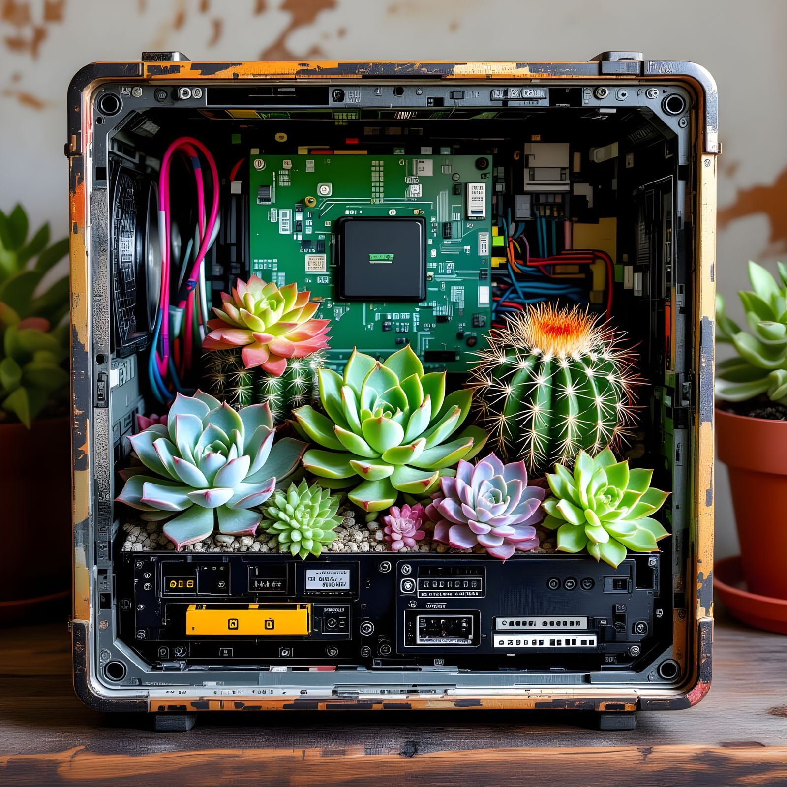 imagine a collection of succulents and cacti thriving inside a vintage computer case. The plants are ...  by @tsahel
