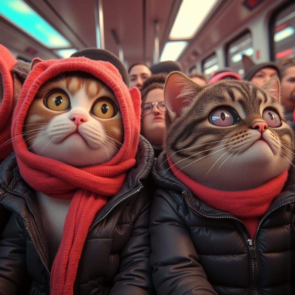 <lora:Cats on Rails:1.0> Anthropomorphic cats on a crowded train wearing winter clothes