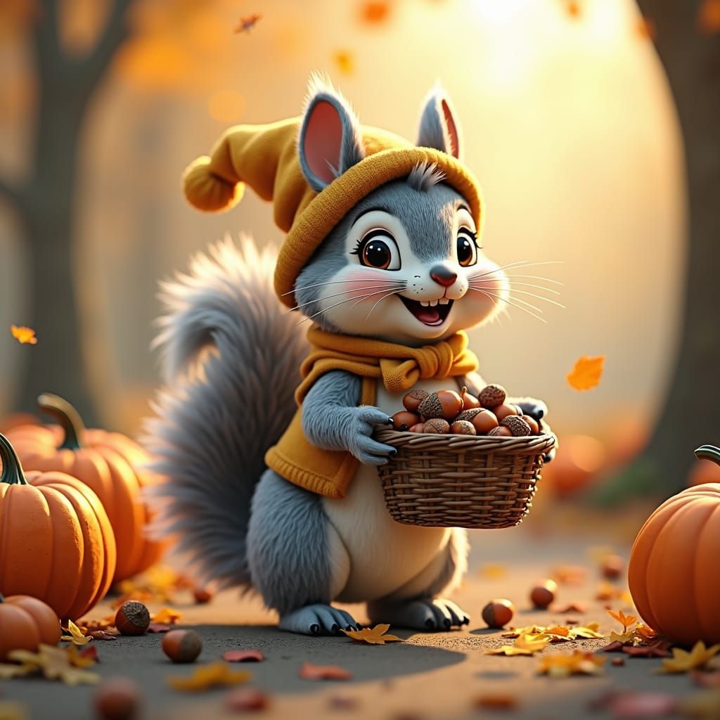 Autumn scene- smiling squirrel with hat and acorns