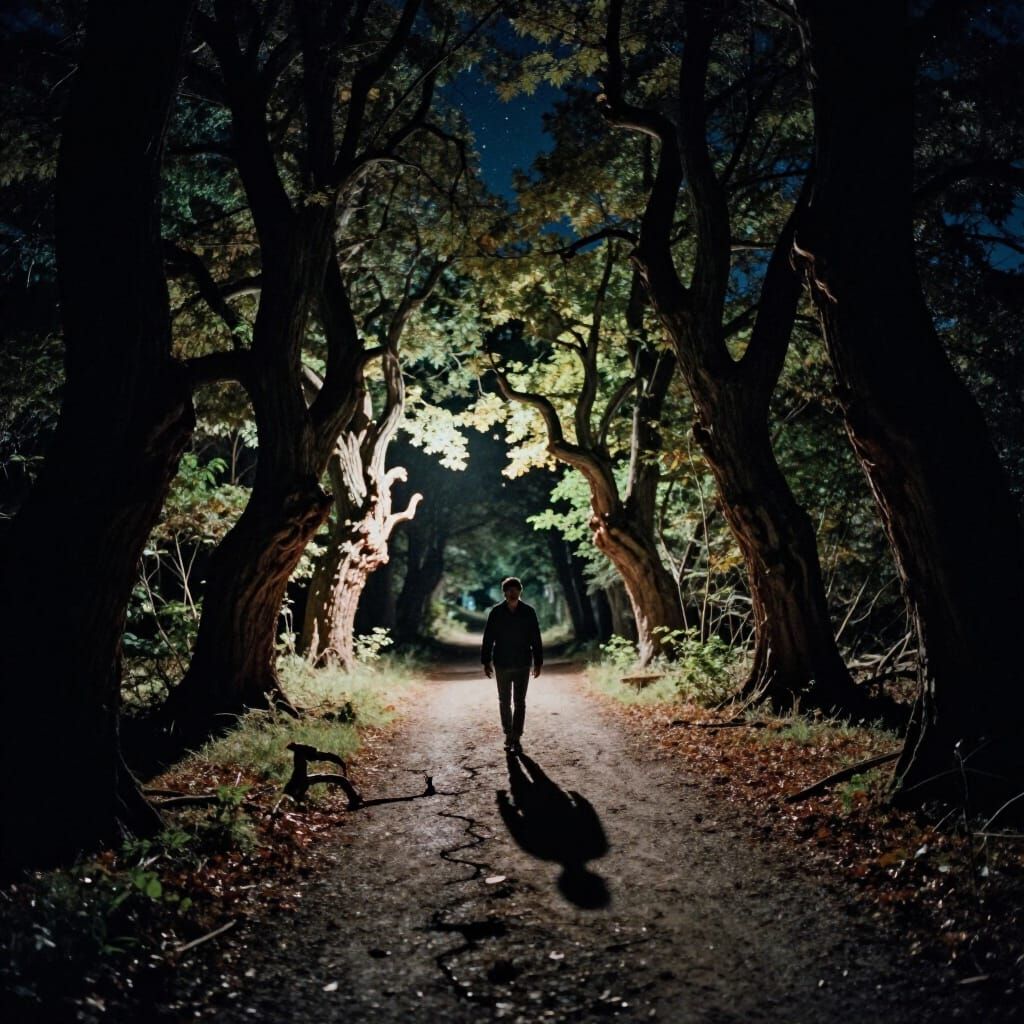Forest Path at Night: Lone Walker Confronts Inner Demons
