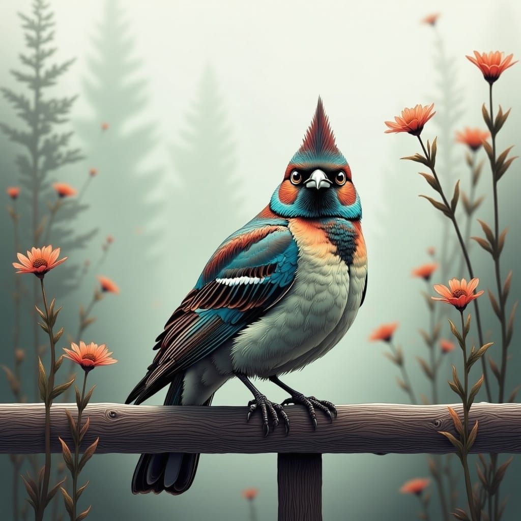 <lora:sMOkey Flux:1.0> A misty hazy nebulous style, a smoky quality infused throughout the image, a bird on a fence, complimentary colors, a...