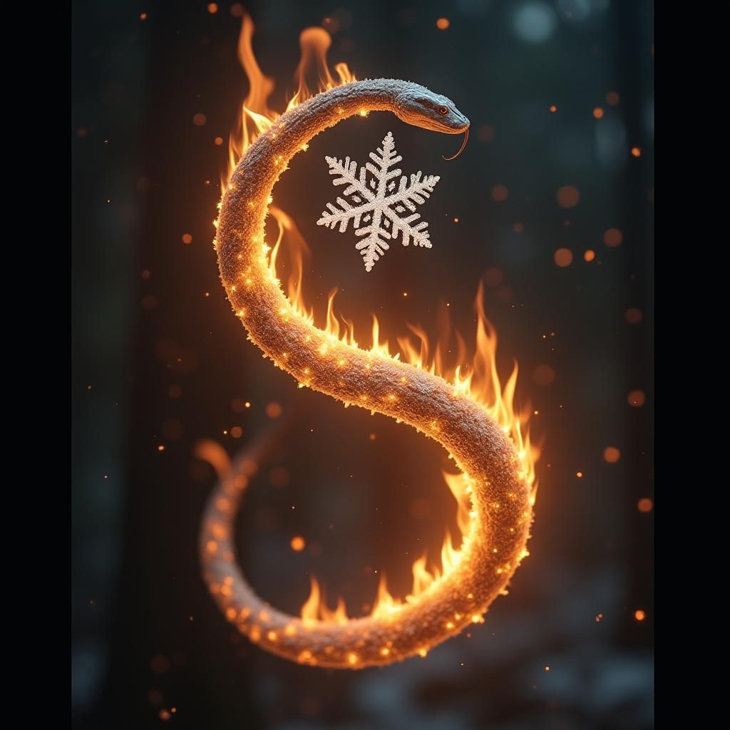 close up of flame reflecting in snowflake in yin yang style Cinematic film still, shot on v-raptor XL, film grain, vignette, color graded, p...