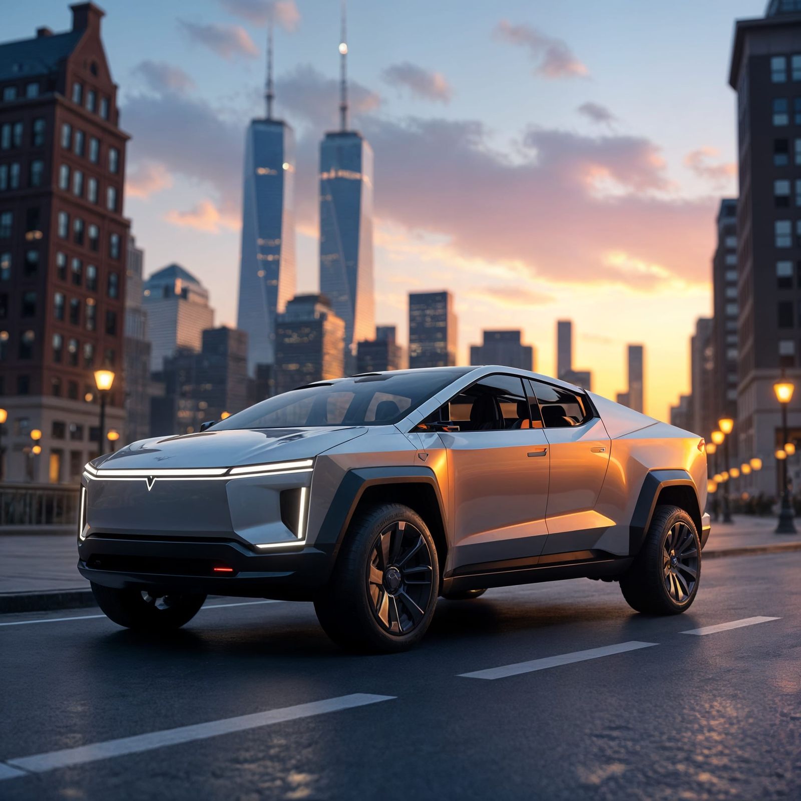 Hyper-Realistic Tesla Cybertruck at Golden Hour by Twin Towe...