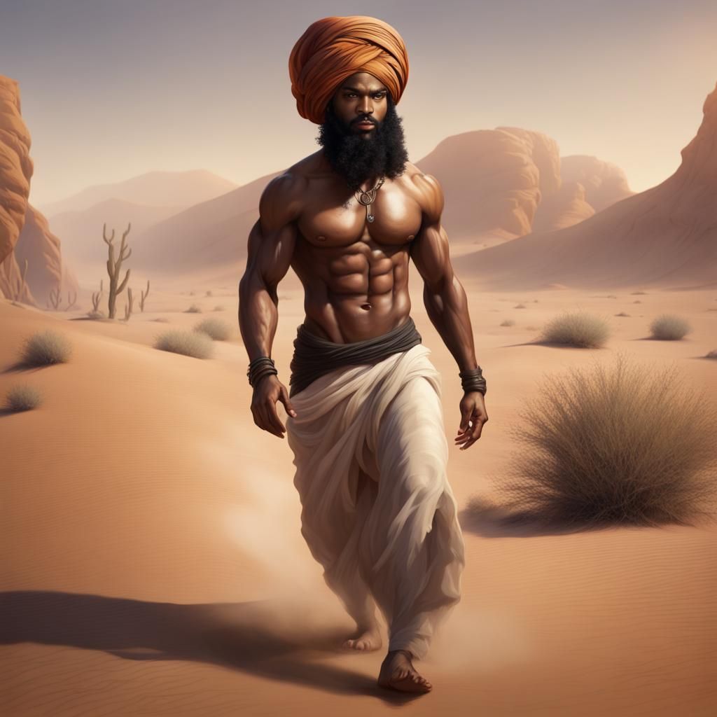 African American male djinn, handsome, Persian, very muscula...