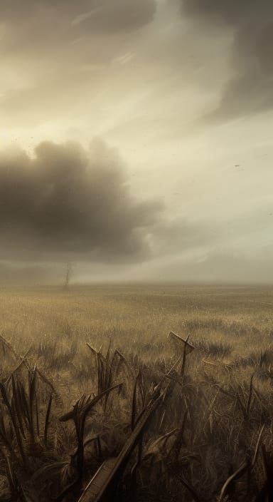 dead crops in a toiled field, tools left in the fields, life...