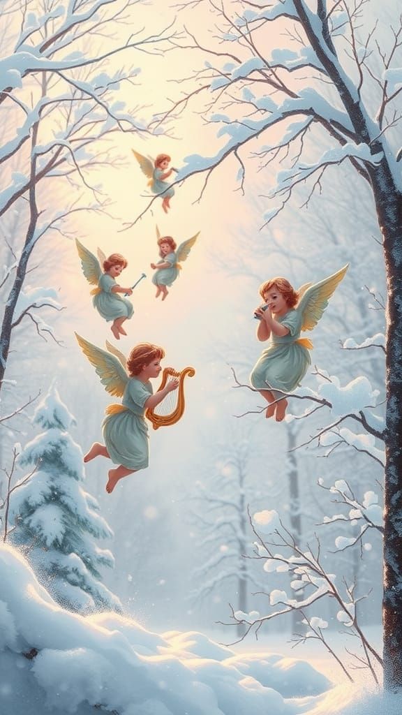 In winter’s hush, where soft snow lies,
Cherubs drift from silver skies.
With wings so light and faces fair,
They bring a warmth to the fros...