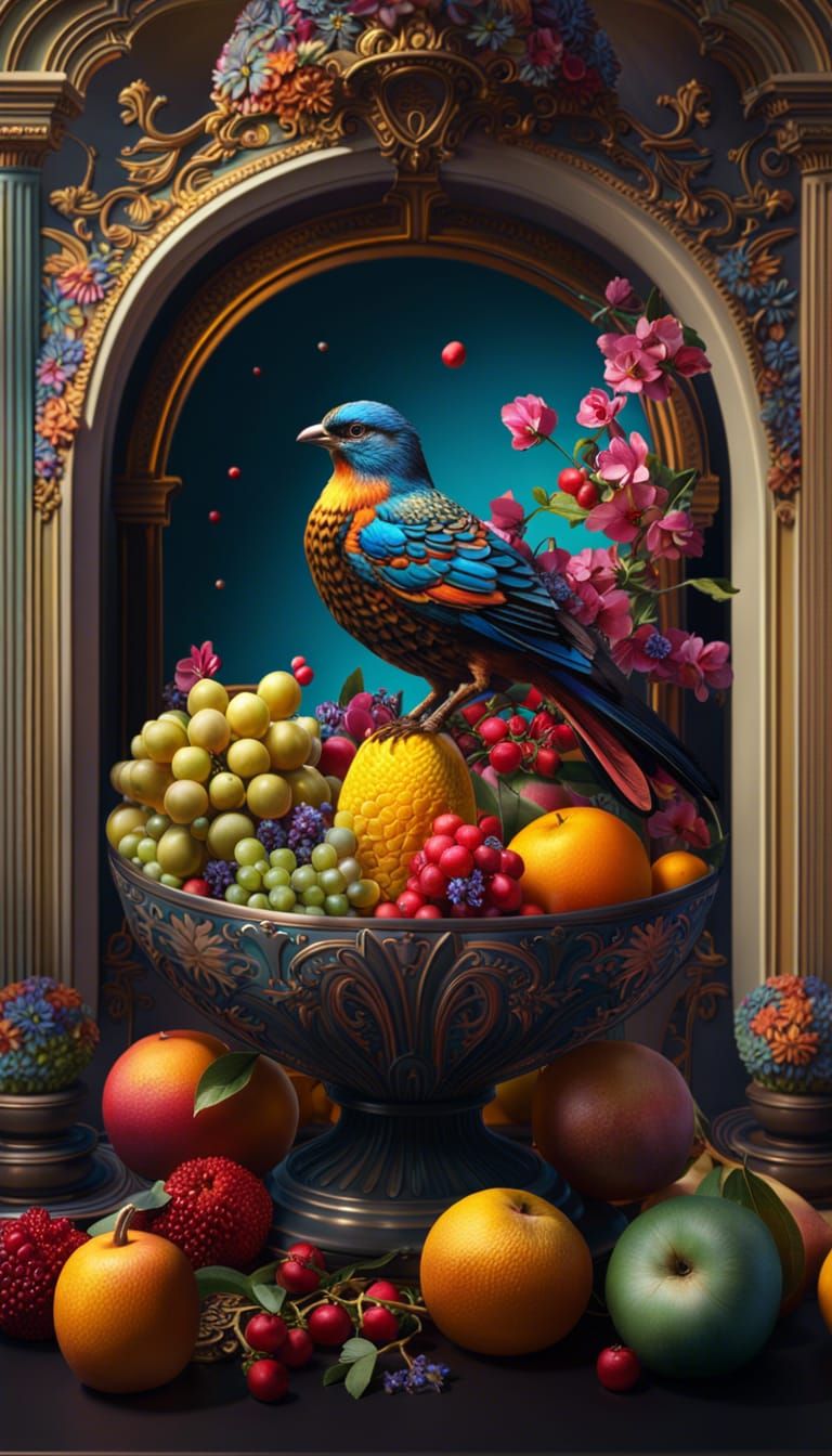 Still Life: Fruit Bowl Attracted Bird
