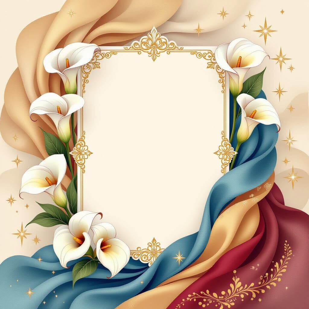 A pristine writing page, framed by ethereal Arabic art featuring luminous calla lilies, set against a soft-focus backdrop of swirling beige,...