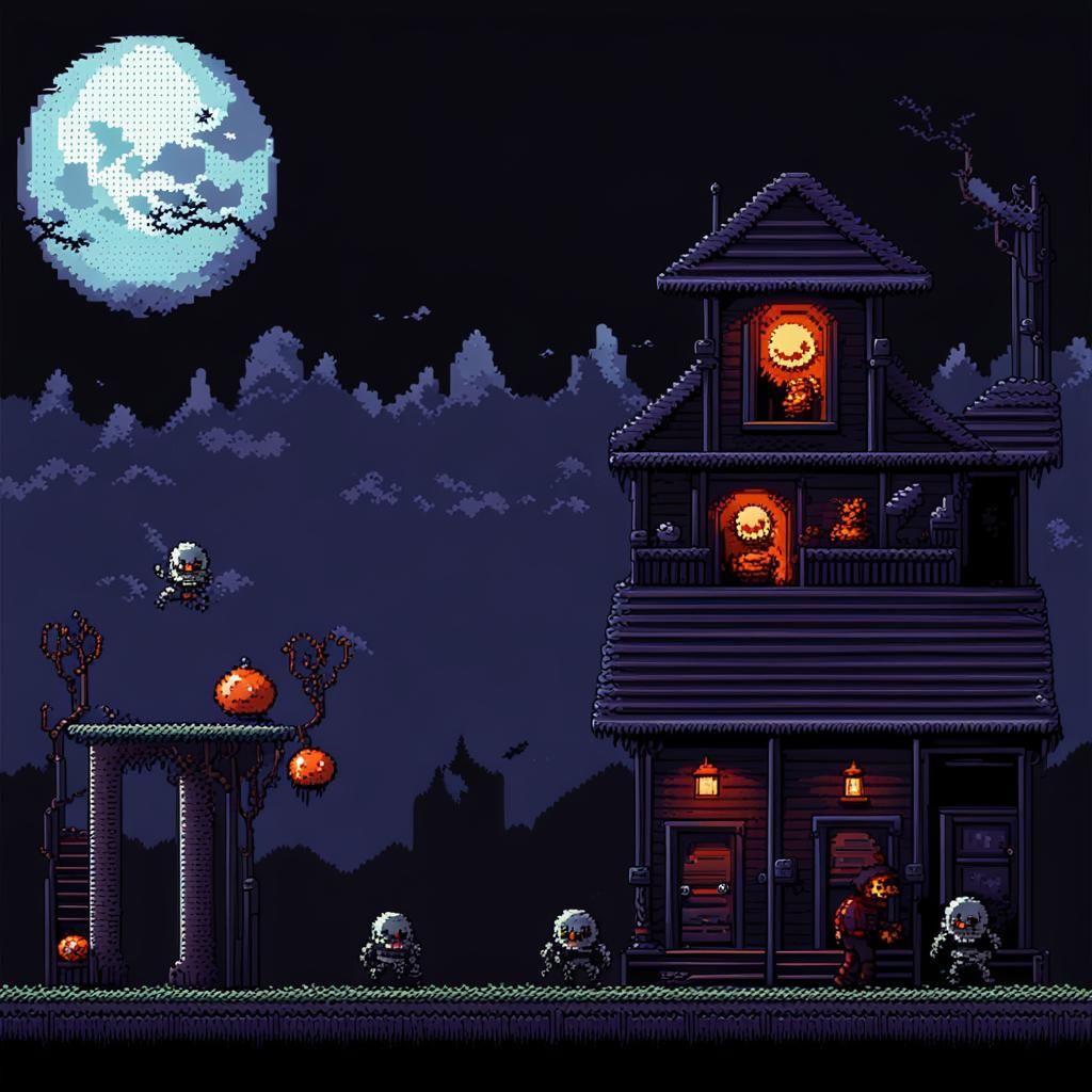Pixel art 8 bit videogame level.

Black skies ghosts and goblins moonlit horror scary dark  by @Ascendance