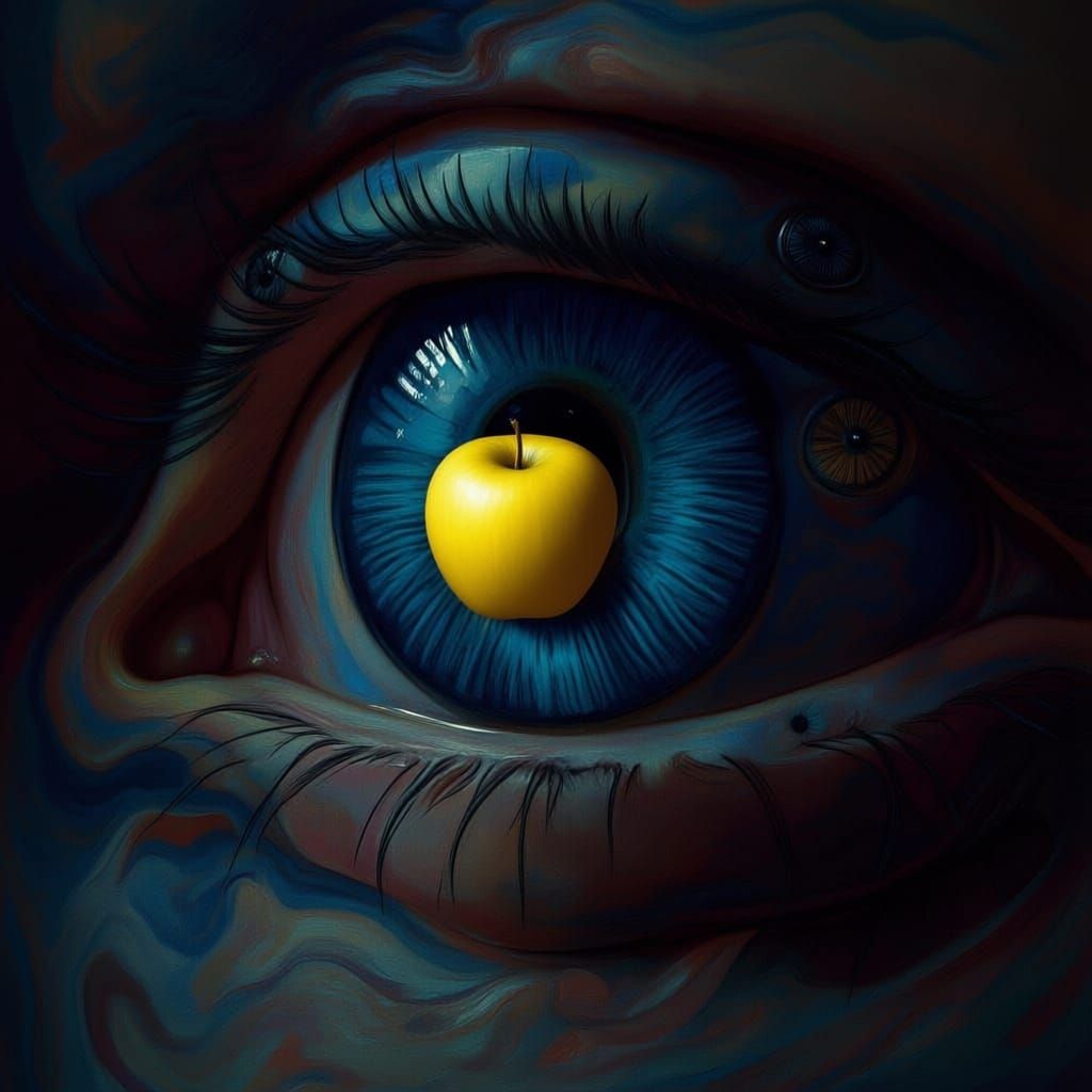 The image of a eye with a blue iris and a golden yellow apple in the reflection of wait the eye sees