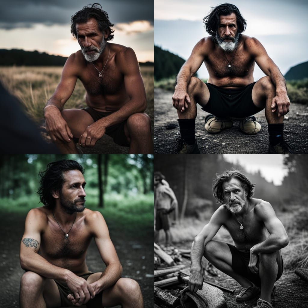 masculine hairy shirtless scout leader sitting at a campfire with shorts  scouts watching with interest - AI Generated Artwork - NightCafe Creator