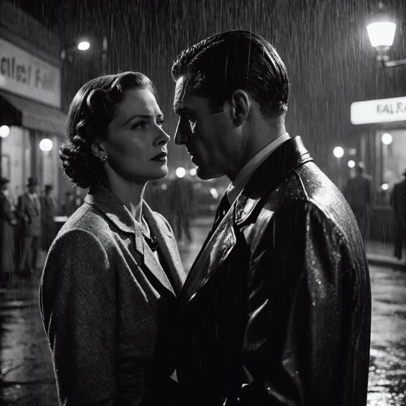 Silver colored rainfall in a 1930s black and white film noir movie scene when the main character is looking ...  by @Clayton