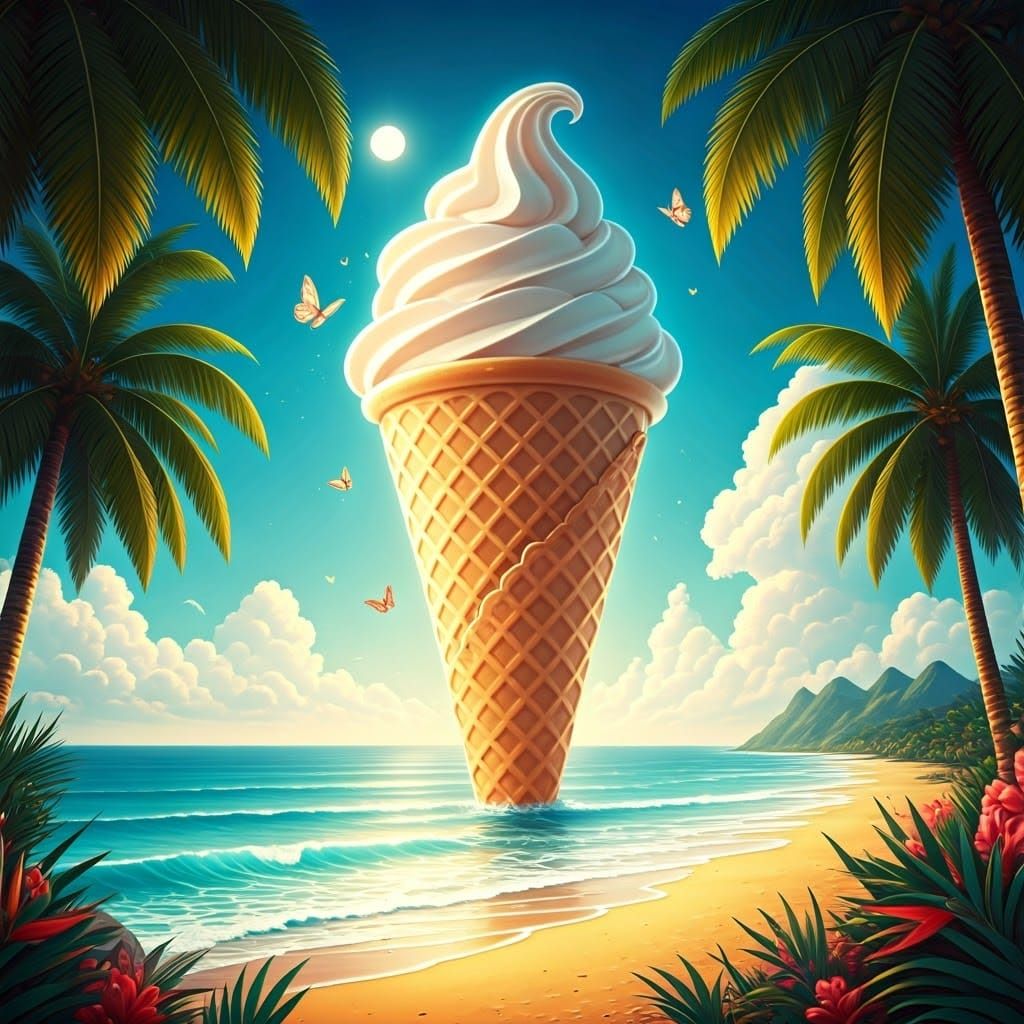 Surreal Ice Cream Cone Rises from Tranquil Summer Paradise i...