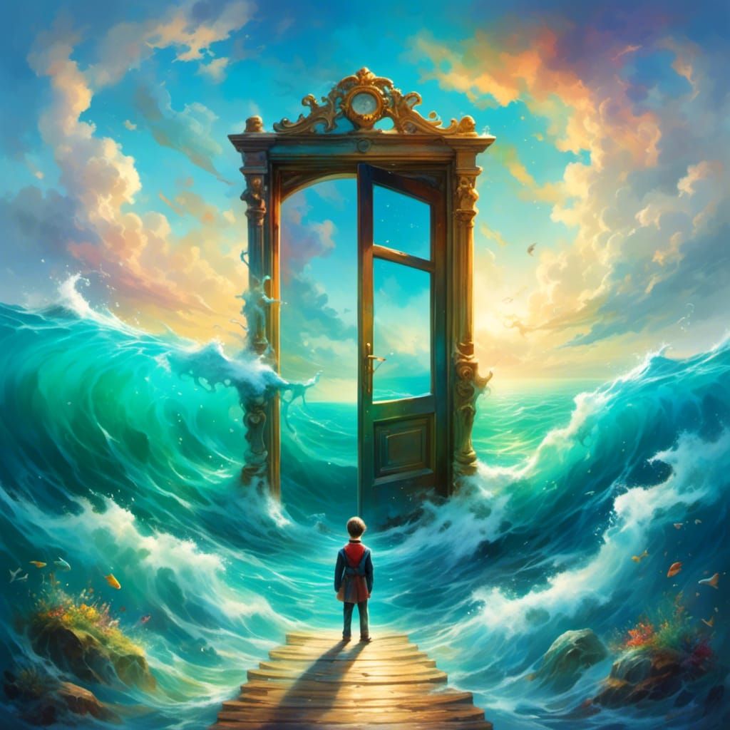  <lora:Moonshade:1.0> A door standing alone in the middle of an endless ocean