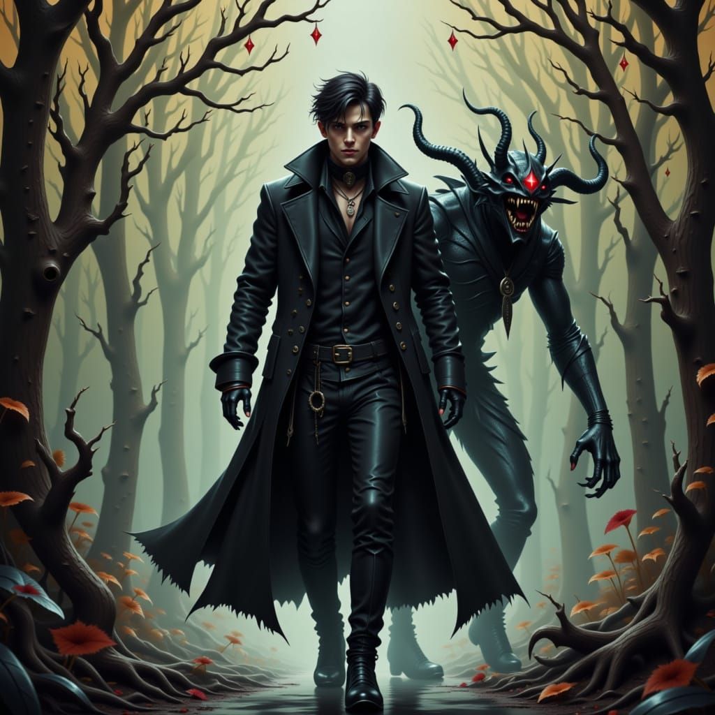 A young man in a long, dark coat with a confident expression, walking towards the viewer with a wicked demon by his side, adorned in intrica...