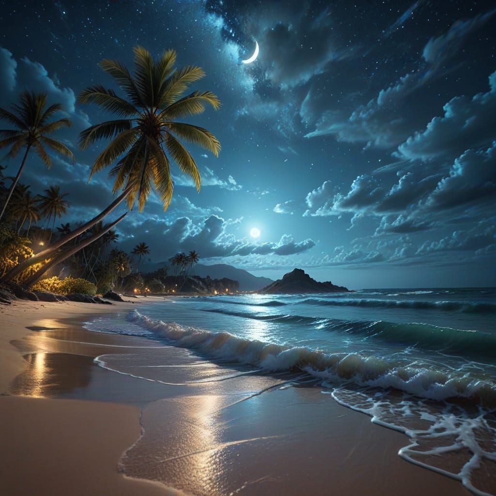 Moonlit Beach with Bioluminescent Waves in Digital Art