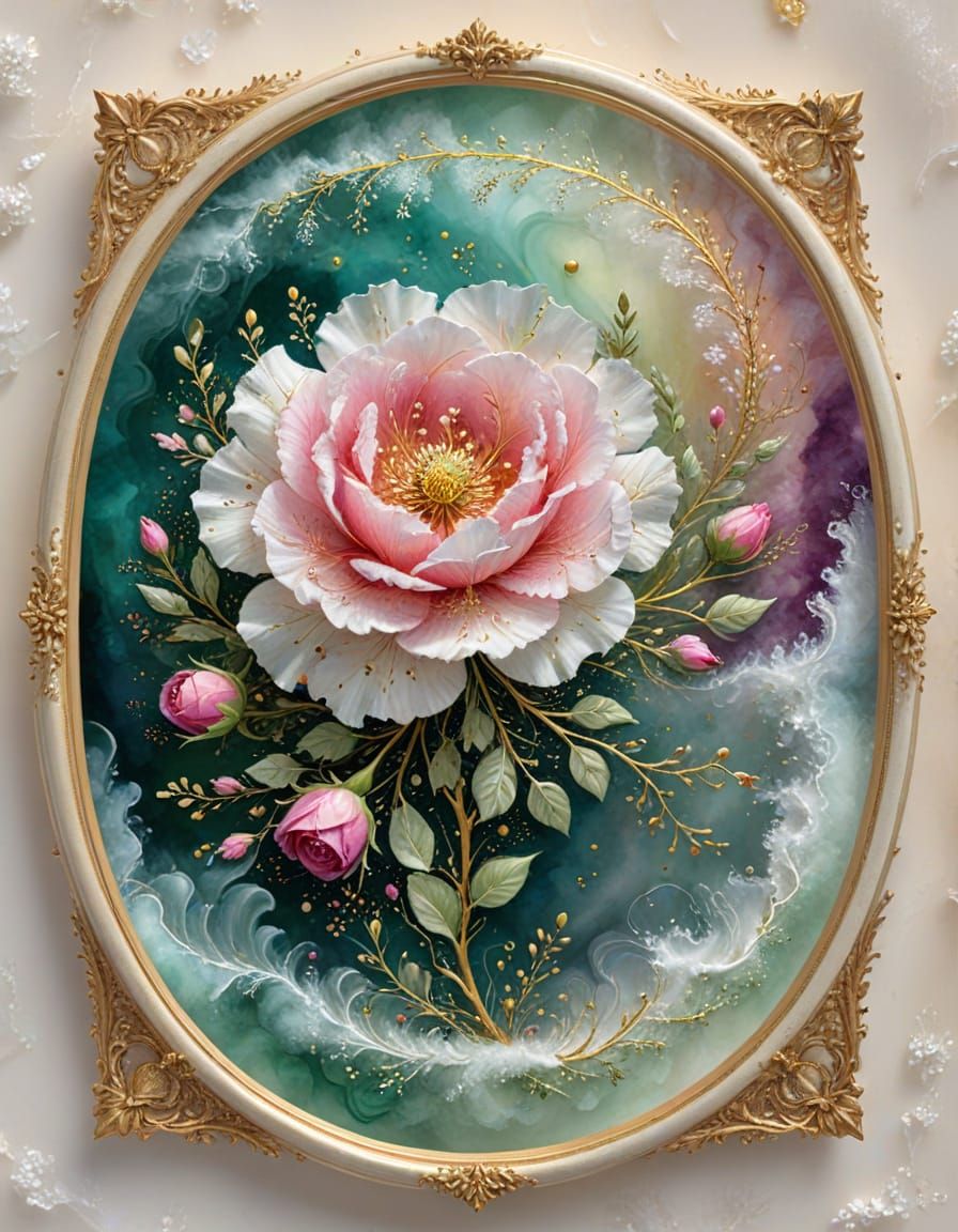  square traditional Stained-glass artwork of white-Moss Rose flowers and baby's breath flowers, Gold led lines and textured glass, with a bl...