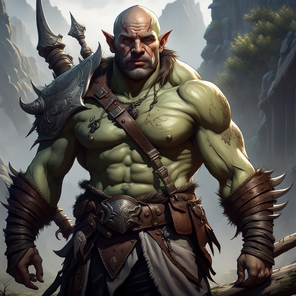 a bald and gray-skinned half-orc ranger with a lindworm, fantasy, beast ...