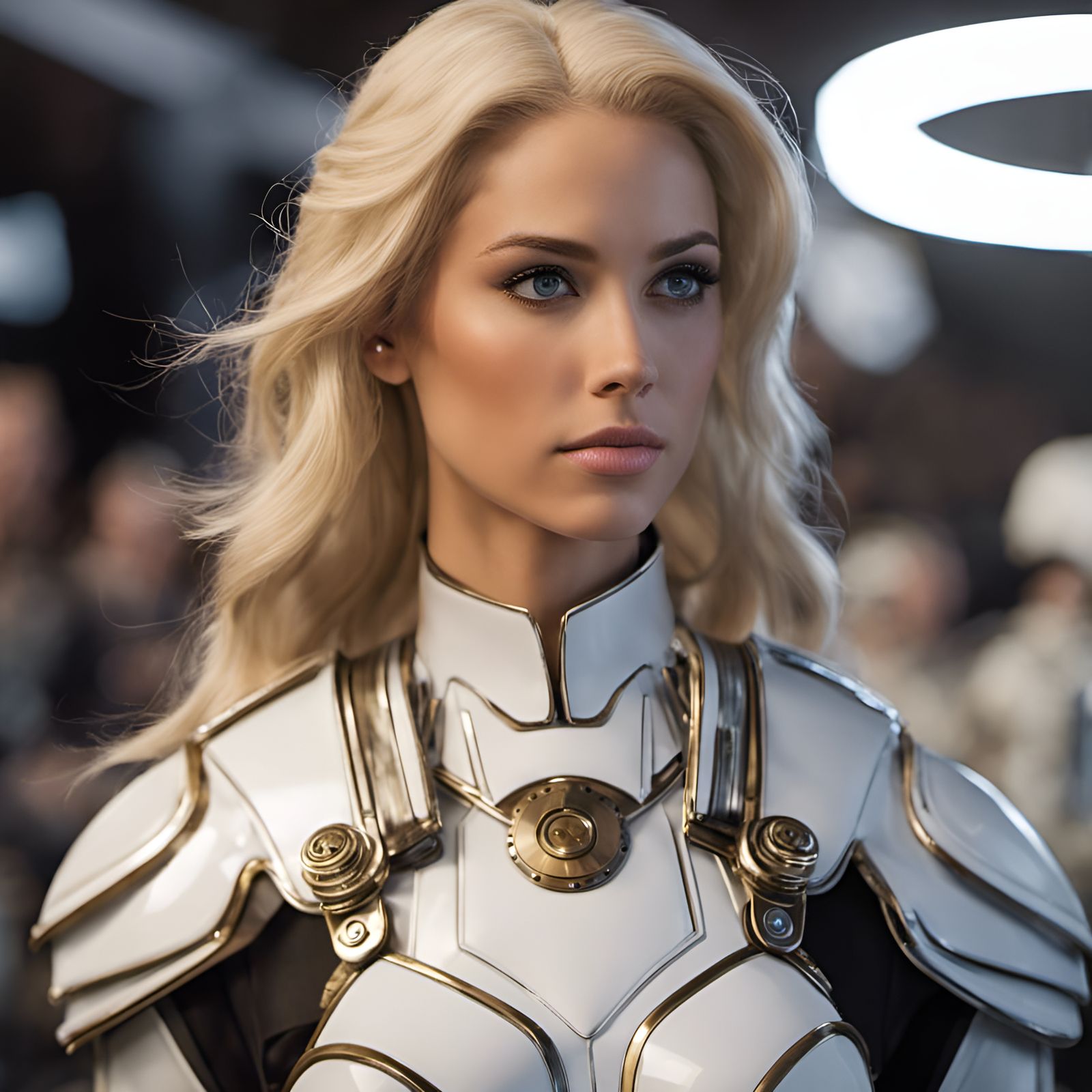 warrior elf girl, blonde hair, white leather armor, laser gu...