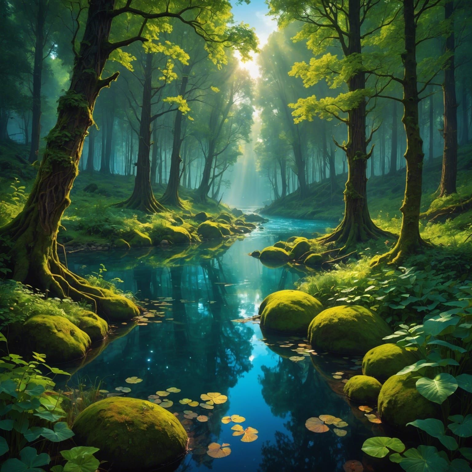 ""River in an enchanted forest 🌲, magical gaming world, beautiful, fantastical, professional photography, ...  by @HE