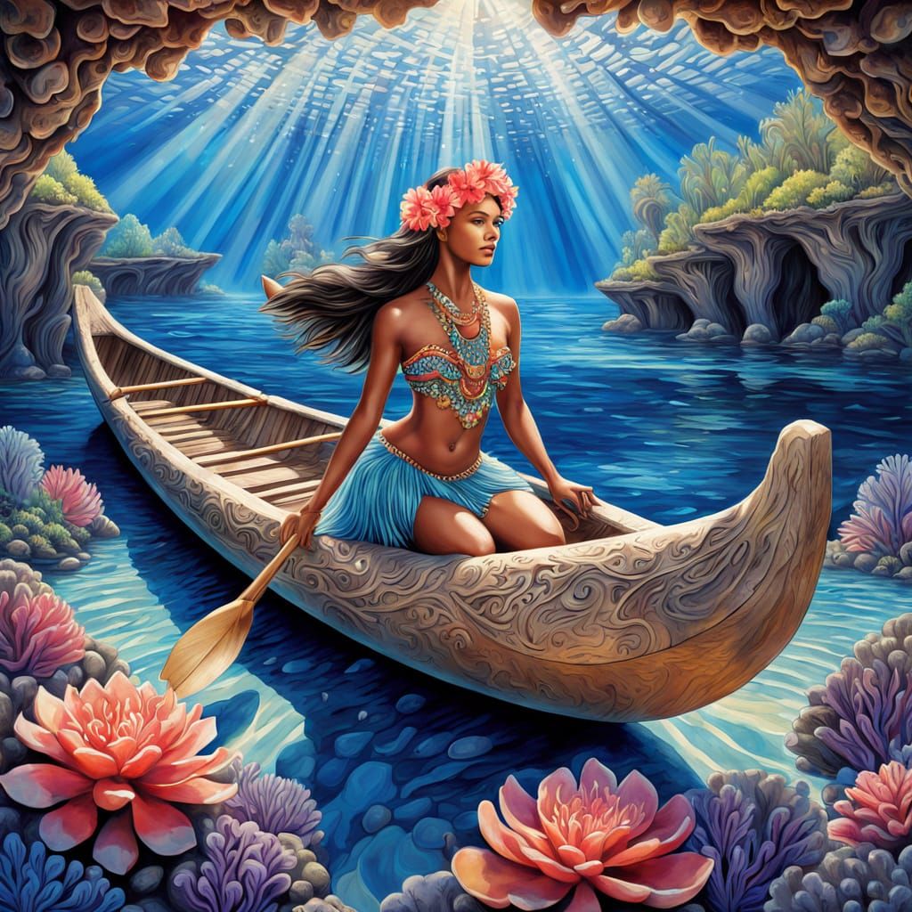 Hawaiian hula on a canoe  at sunset, of orange, crimson, and violet that shimmer across rippling waters.  Josephine Wall, Max Ernst, surreal...