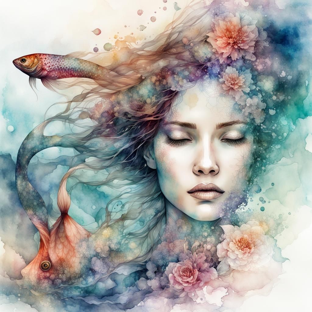  double exposure watercolor mermaid   by @BentOOe