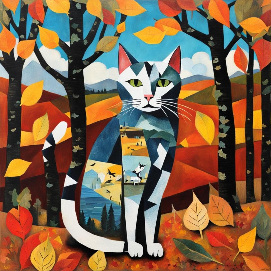 Fall paper collage with stray cat 
Fall paper collage art by...