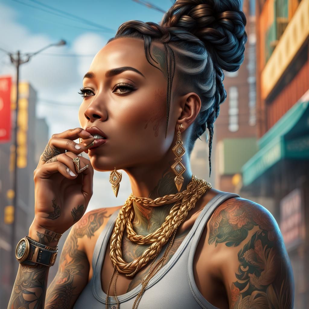 realistic 3d blasian female with braided hair and gold diamo...