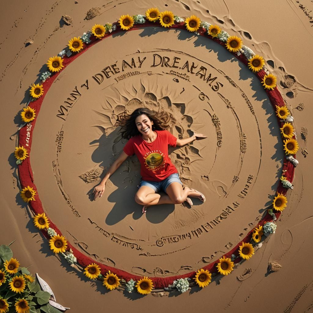 a circle frame from sunflowers on the beach with hyper reali...