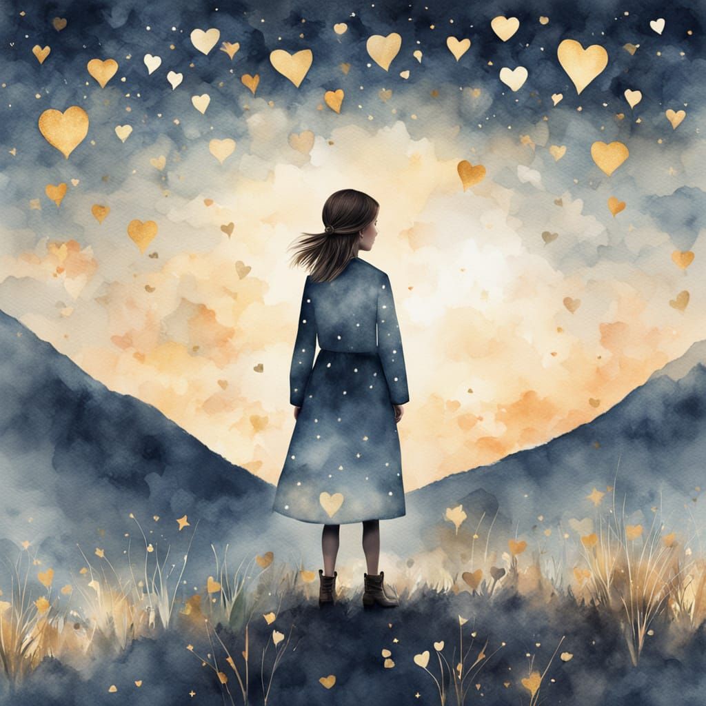 Girl Under Heart Stars in Watercolor Style
