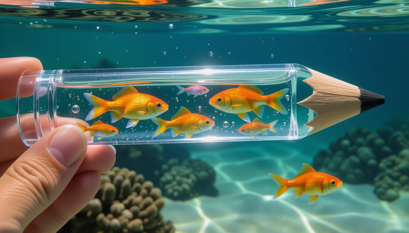 A transparent pencil filled with water with fish swimming inside  by @Athanasius