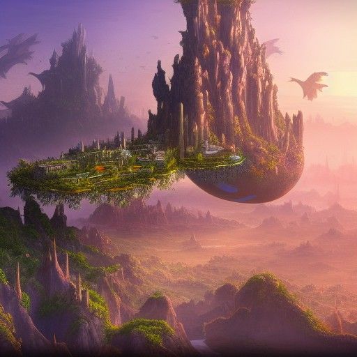 fantasy city made of islands floating in mid-air with hangin...
