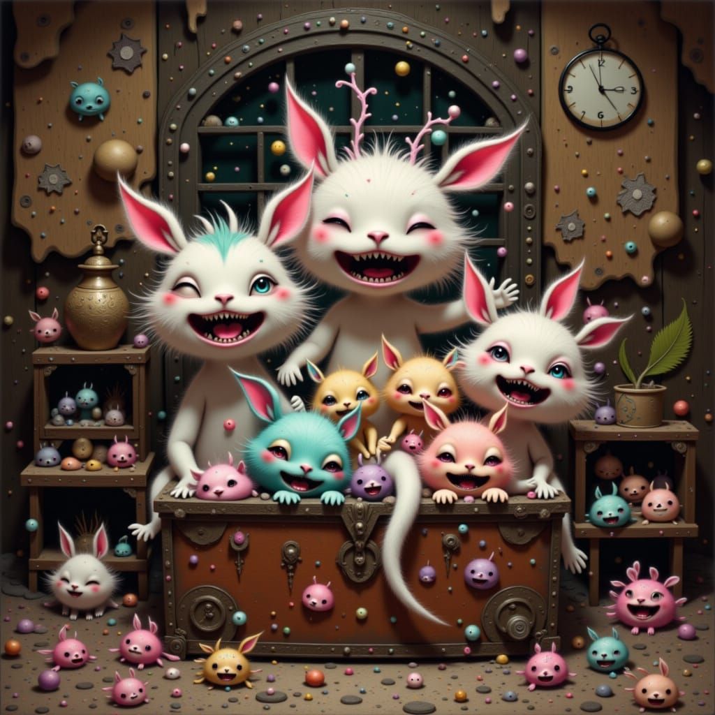 Wide shot. Silly whimsical creatures crowd together inside a dusty toy chest in a forgotten attic. Soft light streams through a crack in the...