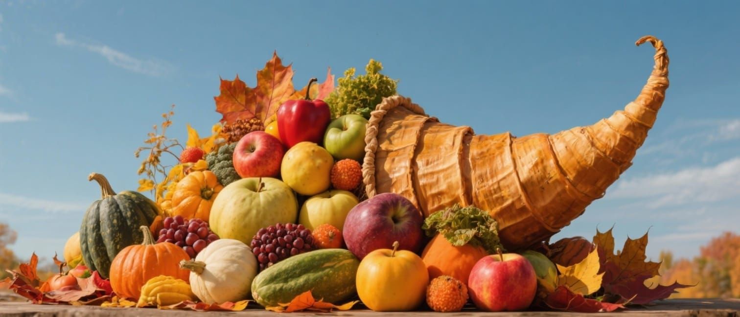 a cornucopia filled with autumn fruits and vegetables