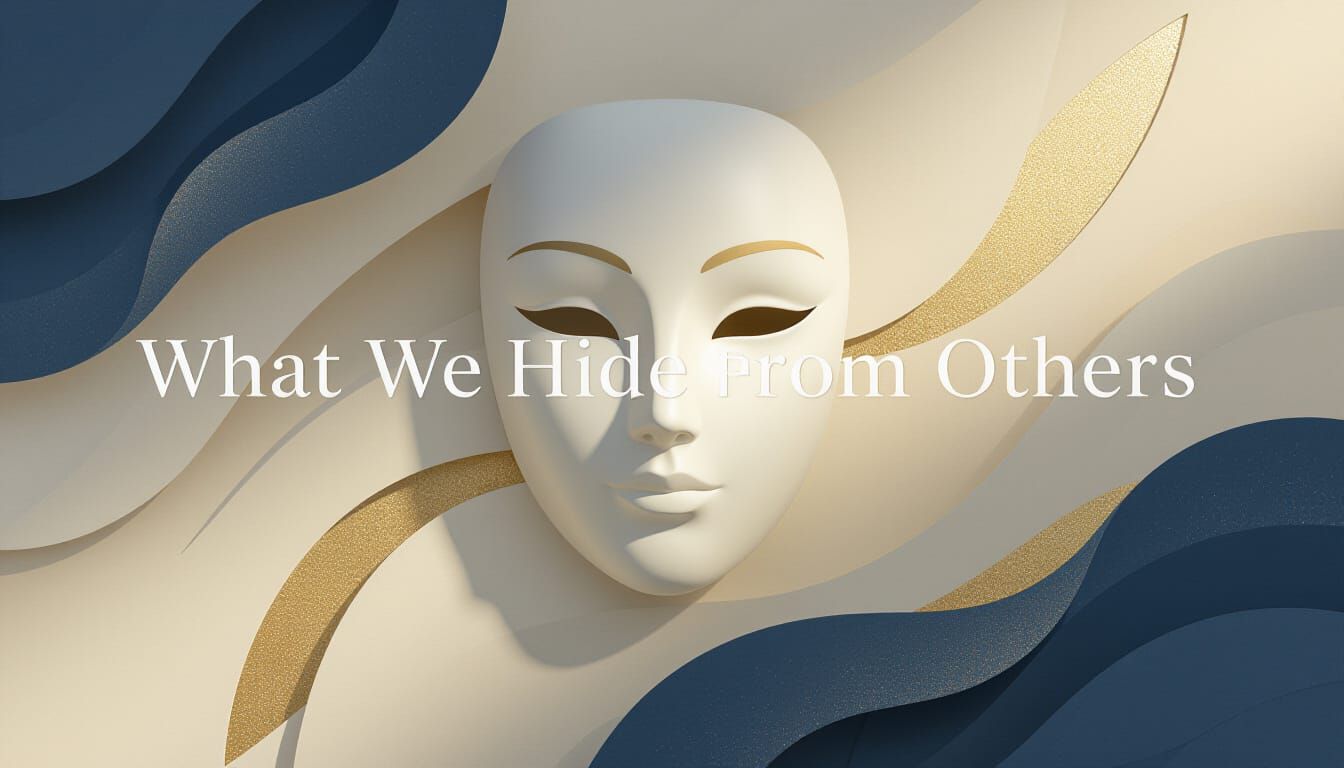 Abstract conceptual background in 16:9 format inspired by the theme “What We Hide from Others”. Soft, symbolic design with abstract mask sha...