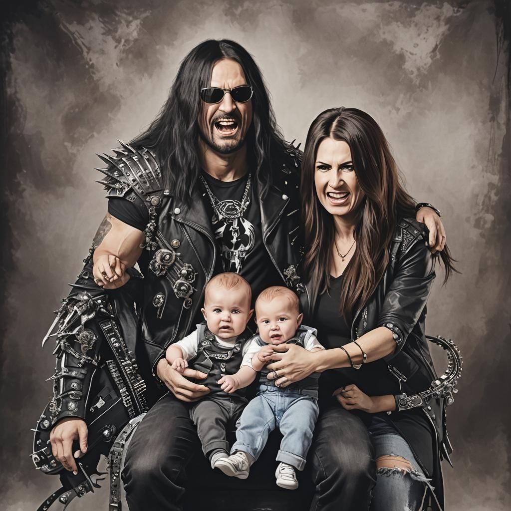 Family with baby playing heavy metal music