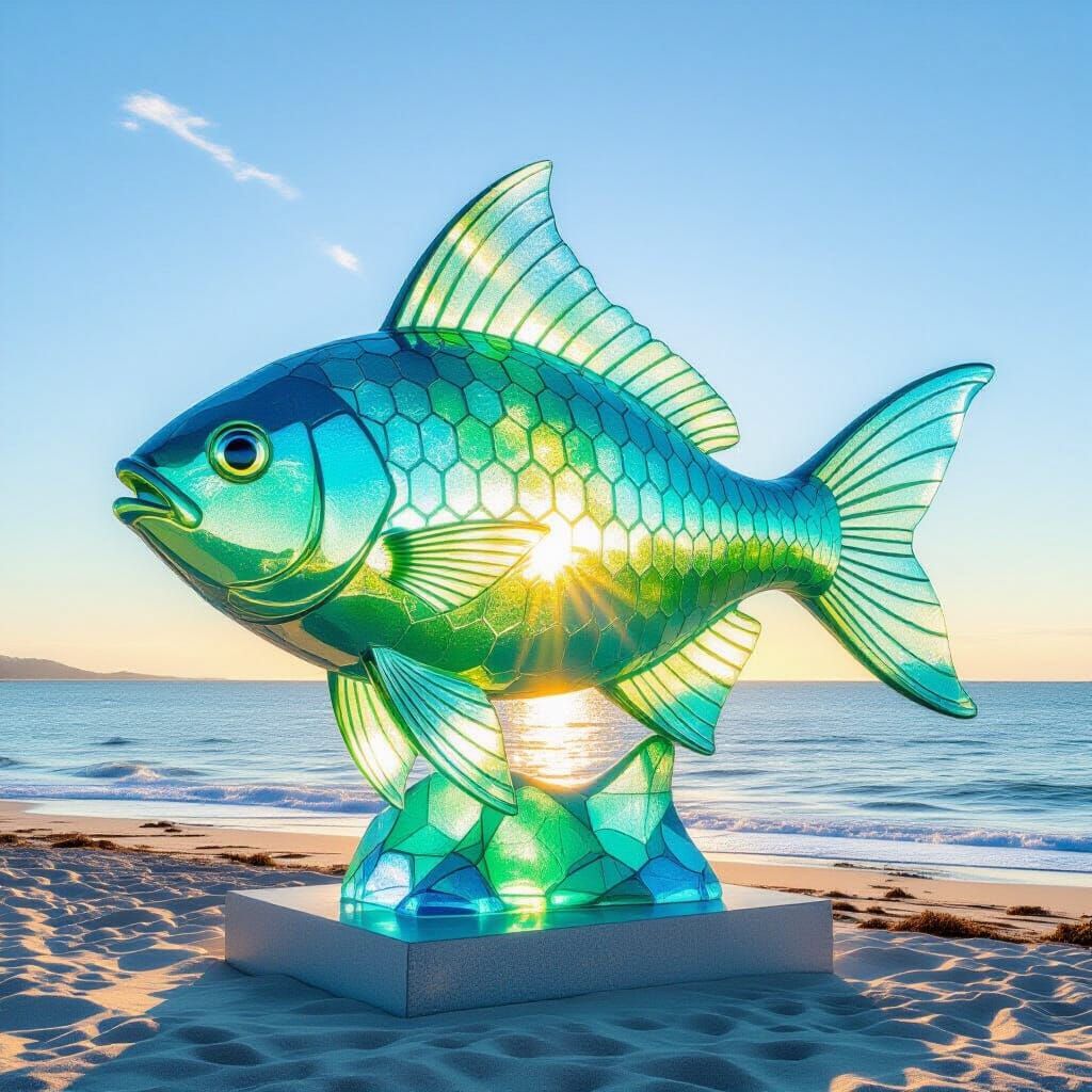 Glass fish statue on the sea shore.