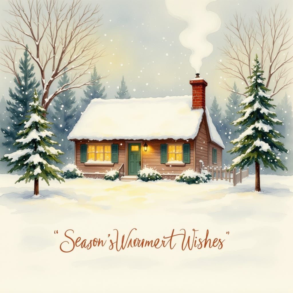 Vintage Holiday Card: Snowy Cottage in 1950s Style