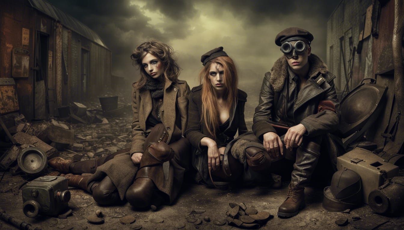 tafereel van Post-Apocalyptic mannen en vrouwen in de style ...