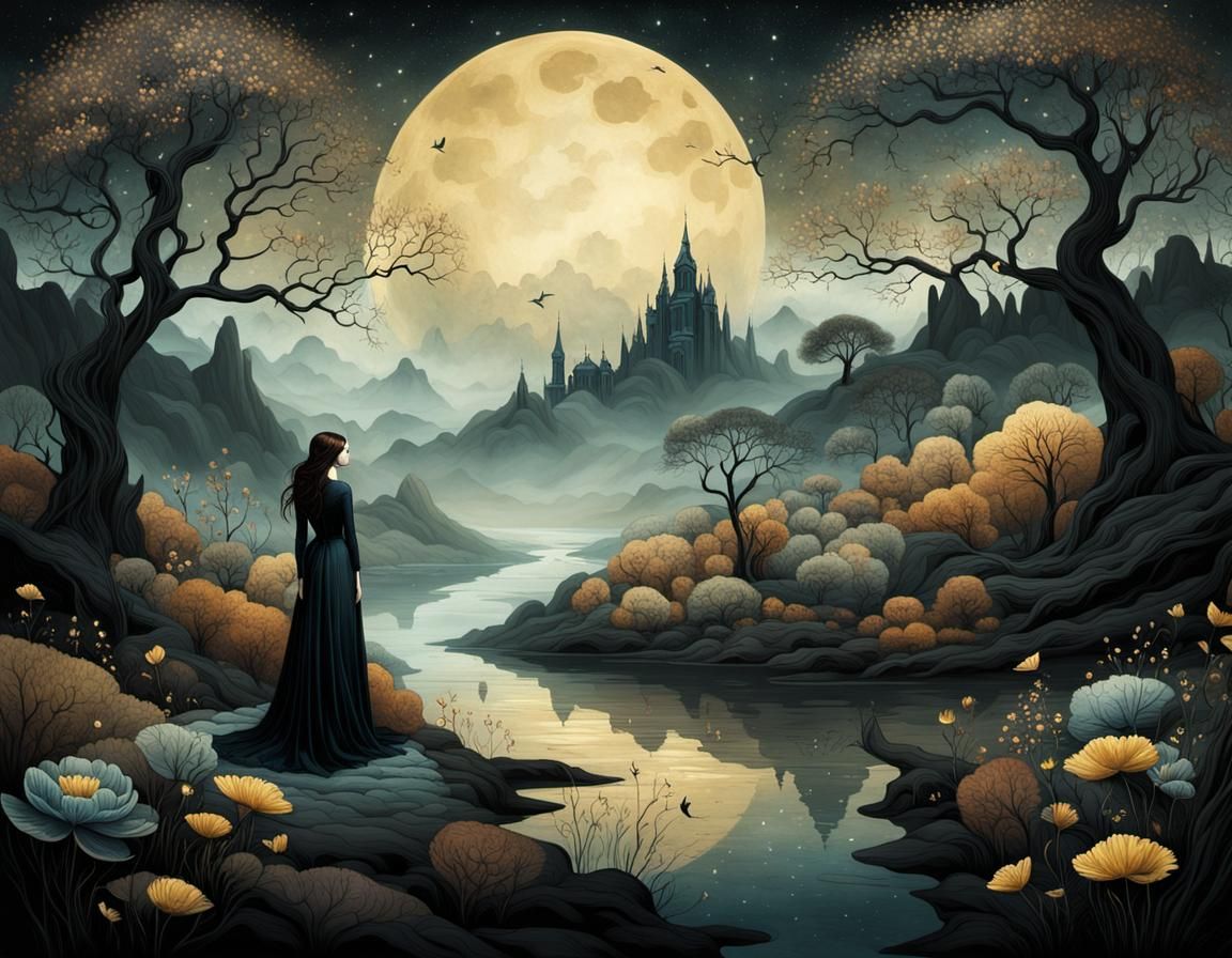 Surreal Fantasy Landscape, by Gris Grimly Andy Kehoe teamLab wistful, dreamlike composition, striking and unique, dark detail, digital paint...